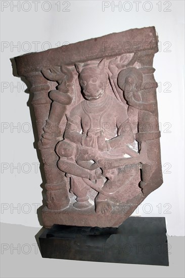Man-Lion Incarnation of God Vishnu (Narasimha) Disemboweling King Hiranykashipu, 10th/11th century, India, Madhya Pradesh, Madhya Pradesh, Red sandstone, 49.5 x 21.6 x 8.9 cm (19 1/2 x 14 3/8 x 3 1/2 in.)