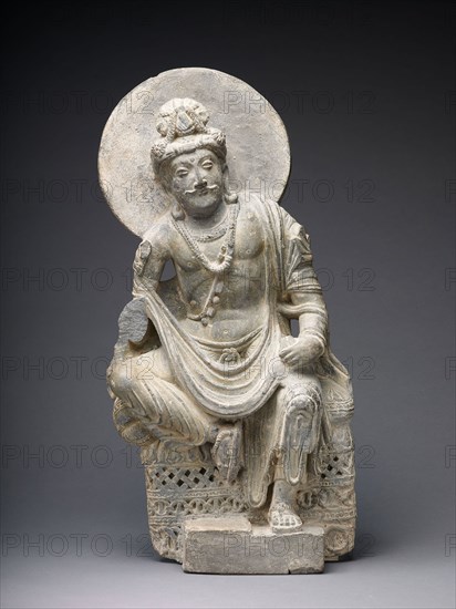 Pensive Bodhisattva, Kushan period, 2nd/3rd century, Pakistan, Ancient region of Gandhara, Gandhara, Gray schist, 49.5 × 25.4 × 16.8 cm (19 1/2 × 10 × 6 5/8 in.)