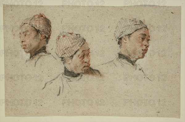 Three Studies of the Head of a Turbaned Black Man, 1720/30, Nicolas Lancret, French, 1690-1743, France, Black, red and white chalks on oatmeal laid paper, 176 × 283 mm