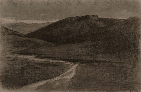 Algerian Landscape, 1873, Albert-Charles Lebourg, French, 1849-1928, France, Black chalk and charcoal, with stumping and erasing, on paper, 295 × 445 mm