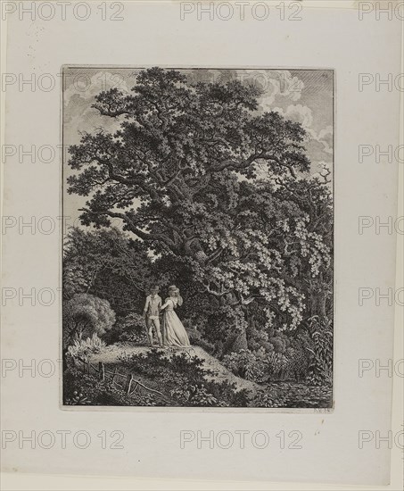 Woodland Landscape with an Elegant Couple Walking Beneath an Oak, 1796/1800, Carl Wilhelm Kolbe, the elder, German, 1759-1835, Germany, Etching on ivory laid paper, 338 x 279 mm (image), 343 x 275 mm (plate), 471 x 392 mm (sheet)