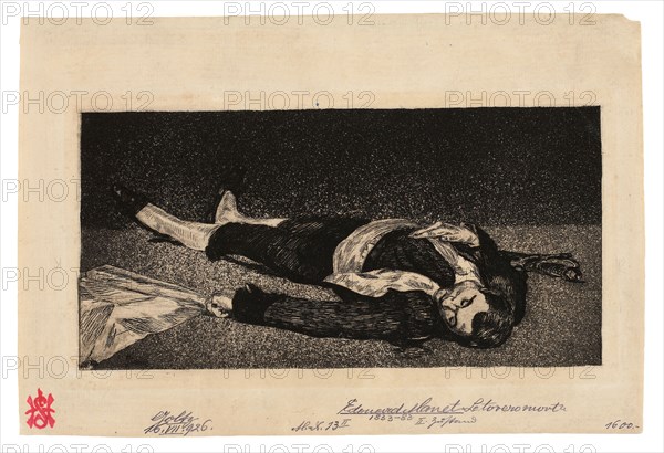 Dead Toreador, 1867–68, Édouard Manet, French, 1832-1883, France, Etching, aquatint, and drypoint in black on buff laid paper, 97 × 195 mm (image), 108 × 205 mm (plate), 157 × 233 mm (sheet)