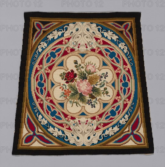 Prie-Dieu Cover, c. 1857/60, England, Cotton, plain weave, embroidered with wool and silk in cross stitches, 57.4 × 56.1 cm (22 5/8 × 22 1/8 in.)