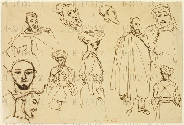 Sketches of Algerian Men, c. 1832, Eugène Delacroix, French, 1798-1863, France, Pen and brown ink, with traces of graphite, on tan wove paper, laid down on cream wove paper, 205 × 302 mm