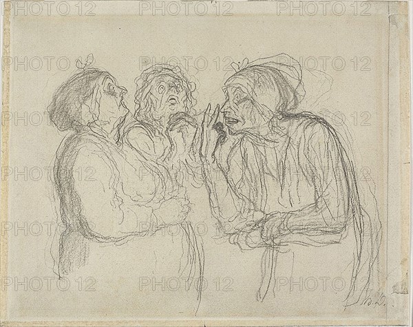 Three Gossips, 1865/1867, Honoré Victorin Daumier, French, 1808-1879, France, Black crayon and charcoal, on ivory laid paper, 233 × 290 mm