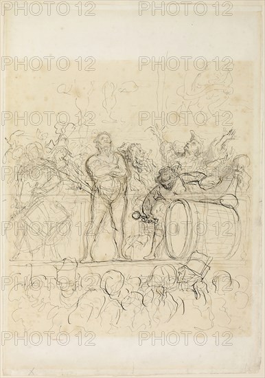 The Side Show (La Parade), 1865/67, Honoré Victorin Daumier, French, 1808-1879, France, Pen and black ink and brush and gray wash, with charcoal, on ivory laid paper (discolored to cream), 517 × 364 mm