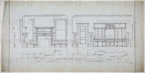 David Lewinsohn House, Chicago, Illinois, Dining Room Elevations and Details, 1898, Fritz Frederick L. Foltz, American, born Germany, 1843–1915, Chicago, Ink on linen, 46.5 × 91 cm (18 5/16 × 35 13/16 in.)