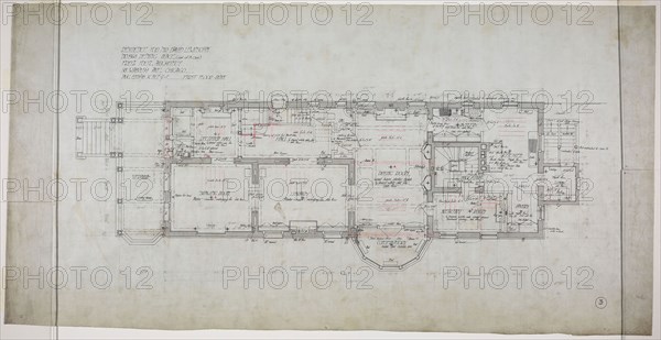 David Lewinsohn House, Chicago, Illinois, First Floor Plan, 1898, Fritz Frederick L. Foltz, American, born Germany, 1843–1915, Chicago, Ink on linen, 46.5 × 91 cm (18 5/16 × 35 13/16 in.)
