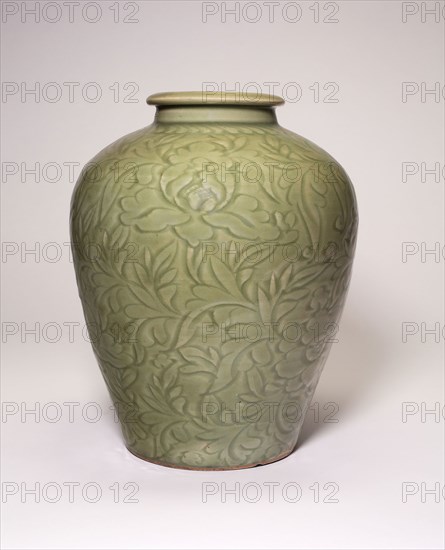 Jar with Peony Scrolls, Ming dynasty (1368–1644), 15th century, China, Junyao, Longquan ware, stoneware with underglaze carved decoration, H. with lid: 38.8 cm (15 1/4 in.), diam. 25.7 cm (10 1/8 in.)