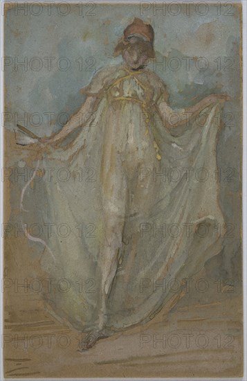 Green and Blue: The Dancer, c. 1893, James McNeill Whistler, American, 1834-1903, United States, Watercolor and opaque watercolor over traces of black chalk on brown wove paper laid down on card, 275 × 183 mm