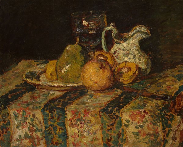 Still Life with Fruit and Wine Jug, 1874, Adolphe-Joseph-Thomas Monticelli, French, 1824-1886, France, Oil on panel, 19 × 23 1/2 in. (48.2 × 59.7 cm)