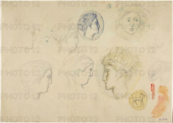 Sketches: Profile Heads, Coins or Medals (recto), Trees (verso), c. 1885, Henri Cros, French, 1840-1907, France, Watercolor and graphite on cream laid paper, 244 × 344 mm