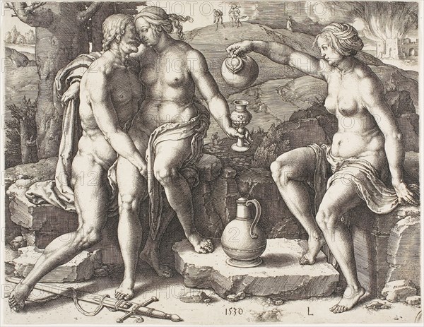 Lot and his Daughters, 1530, Lucas van Leyden, Netherlandish, c. 1494-1533, Netherlands, Engraving in black on ivory laid paper, 189 x 243 mm (image/sheet, trimmed to plate mark)