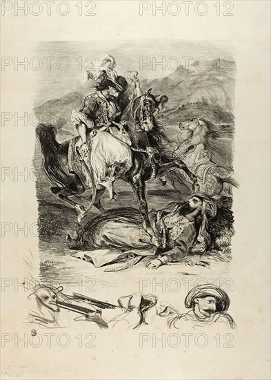Combat Between Giaour and Pasha, 1827, Eugène Delacroix, French, 1798-1863, France, Lithograph in black on ivory wove paper, 358 × 260 mm (image), 475 × 339 mm (sheet)