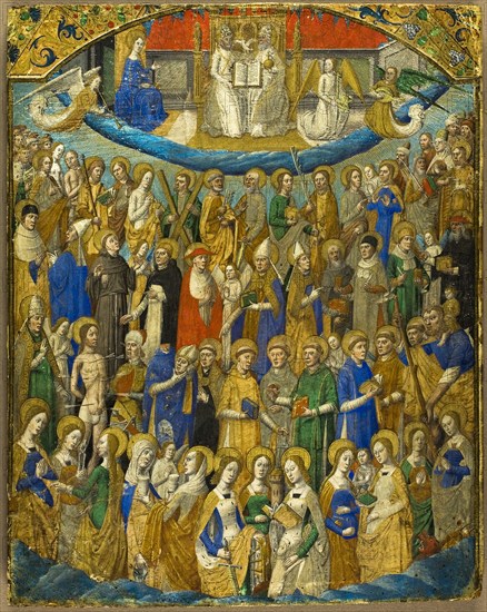 The Trinity and Saints in Paradise, or La Cour Céleste from a volume of La Cité de Dieu by St Augustine, mid–15th century, French (Paris), style of Maître François, France, Tempera and gold leaf on vellum, laid down on wood panel, 178 × 222 mm