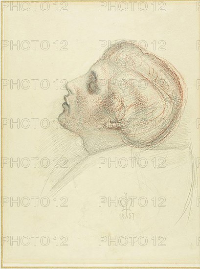 Study for the Head of the Rescuing Lover in Escape of the Heretic, 1857, Sir John Everett Millais, English, 1829-1896, England, Graphite and red chalk, on cream wove paper (discolored from ivory) laid down on ivory, 253 × 191 mm