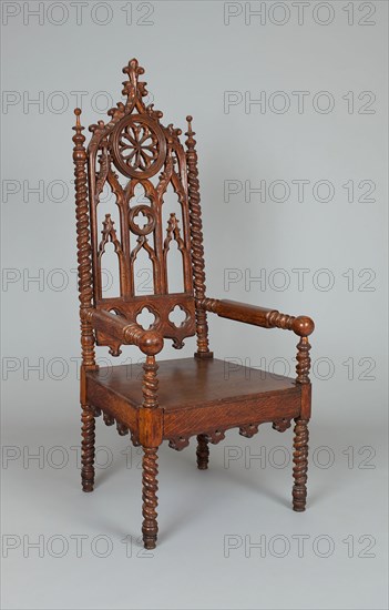 Armchair, 1840/60, American, 19th century, New York, New York, Oak, 157.5 × 66.7 × 56.2 cm (62 × 26 1/4 × 22 1/8 (seat) in.), Overall d. 62.2 cm (24 1/2 in.)