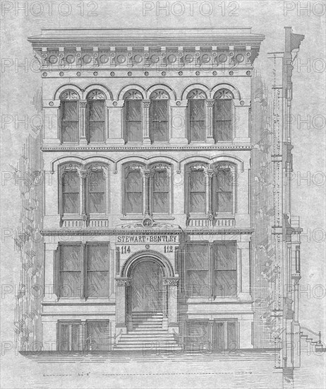 Stewart–Bentley Building, Chicago, Illinois, Elevation and Exterior Wall Section, 1872, Carter, Drake and Wight (American, 1871–1873), John Wellborn Root (American, 1850–1891), Peter Bonnett Wight (American, 1838–1925), Dearborn Street, 30-32 North, Ink on tracing paper, mounted on heavy paper, 49.5 × 40.8 cm (19 1/2 x 16 1/16 in.)