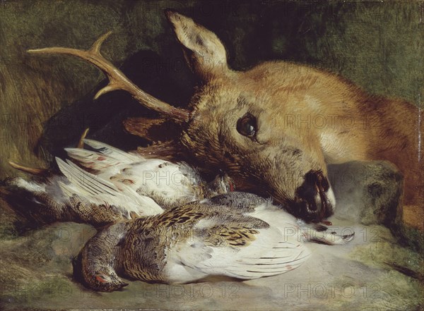 Head of a Roebuck and Two Ptarmigan, c. 1830, Edwin Henry Landseer, British, 1802-1873, England, Oil on panel, 8 7/8 × 12 in. (22.5 × 30.4 cm)