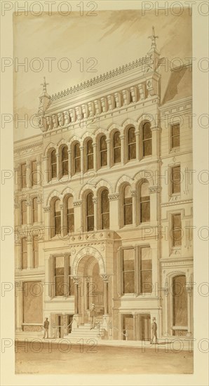 Lenox Building, Chicago, Illinois, Perspective, 1872, Carter, Drake and Wight (American, 1871–1873), Peter Bonnett Wight (American, 1838–1925), John Wellborn Root (American, 1850–1891), Washington Street, 59 West, Ink and wash on paper, 51.2 × 25 cm (20 3/16 x 9 7/8 in.)