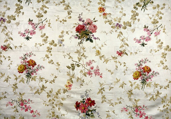 Panel, 1860/80, Produced by Mathevon et Bouvard, 1810–1895, France, Lyon, Lyon, Silk, warp-float faced satin weave with secondary binding warps and supplementary patterning and brocading wefts bound in plain and satin interlacings, 150.4 x 163.9 cm (59 1/4 x 64 1/2 in.)