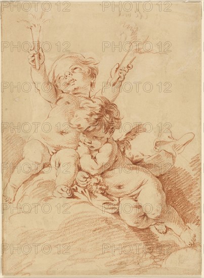 Two Putti, n.d., Attributed to François Boucher, French, 1703-1770, France, Red chalk, over graphite, on cream laid paper, laid down on tan laid paper with blue fibers, 253 × 185 mm