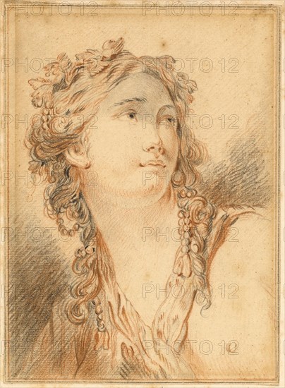 Head of Bacchante, n.d., Attributed to François Boucher, French, 1703-1770, France, Red chalk and black chalk, on cream laid paper, laid down on buff wove paper, 198 × 145 mm