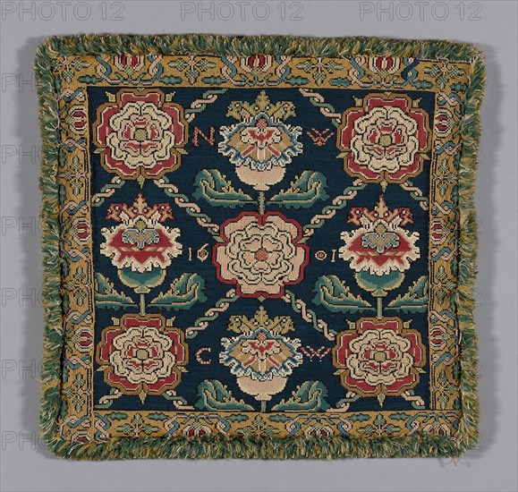 Cushion Cover, 1601, England, Linen, plain weave, embroidered with silk, linen, and wool yarns in long-armed cross stitches, edged with wool and linen, plain weave with extended weft cut fringe, 49.5 × 52.8 cm (19 1/2 × 20 3/4 in.)