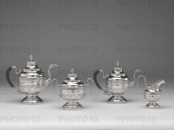Tea and Coffee Service, 1809/12, Jean-Simon Chaudron, American, born France, 1758–1846, Anthony Rasch, American, c.1780–1858, Philadelphia, Philadelphia, Silver and ebonized wood, Coffee pot: 27.9 × 30.5 × 15.2 cm (11 3/4 × 12 × 6 1/2 in.), 1475.2 g, Tea pot: 25.4 × 30.5 × 12.7 cm (10 1/8 × 12 × 5 7/8 in.), Cream pot: 17.8 × 15.2 × 10.2 cm (7 1/4 × 6 1/4 × 4 in.), Sugar bowl: 22.9 × 22.9 × 12.7 cm (9 × 9 1/2 × 5 1/4 in.), 800.9 g