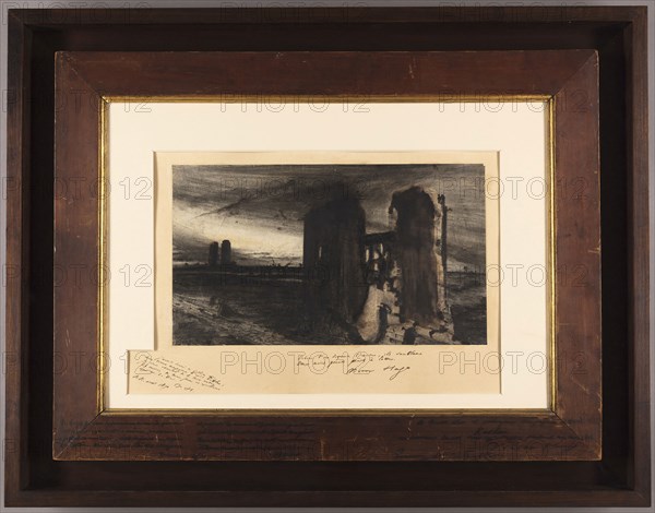 Landscape with Two Ruined Castles, 1847, Victor Marie Hugo, French, 1802-1885, France, Brush with brown ink and brown wash, over black crayon and graphite, with shellac, on ivory wove paper, laid down on tan wove paper, 268 × 465 mm