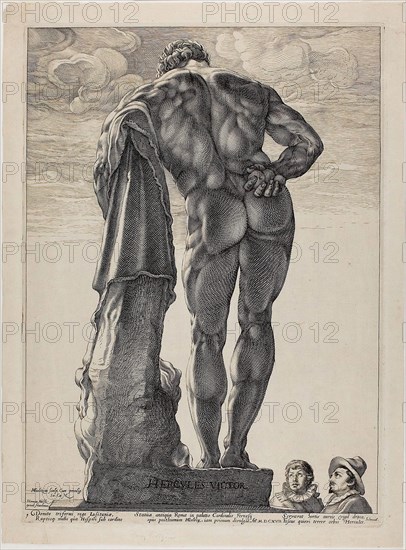 The Farnesian Hercules, plate one from Three Famous Antique Sculptures, c. 1592, Hendrick Goltzius (Dutch, 1558-1617), text written by Theodorus Schrevelius, Netherlands, Engraving on paper, 398 × 293 mm (image), 415 × 300 mm (plate), 450 × 334 mm (sheet)