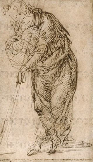 Standing Figure Leaning on a Staff, c. 1510, Piero di Cosimo, Italian, 1462-1521, Italy, Pen and brown ink on tan laid paper, edge-mounted to cream wove paper, framing lines in pen and brown ink on all four sides, 83 x 49 mm