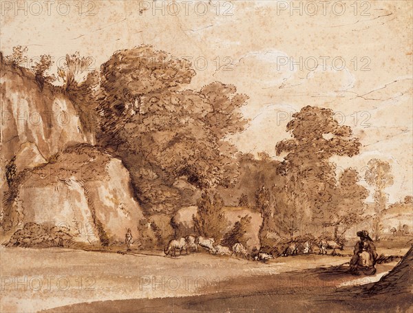 A Rocky Hillside, 1635/1636, Claude Lorrain, French, 1600-1682, France, Pen and brown ink, brush with brown, pink, and green wash, heightened with white gouache, over traces of red chalk, on cream laid paper, 209 × 276 mm