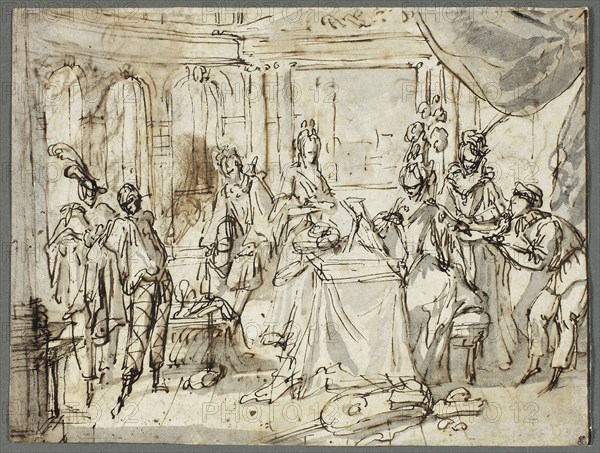 The Actors Making Ready (recto), Studies of the Holy Family and Saint John the Baptist (verso), 1705/1710, Recto by Claude Gillot (French, 1673-1722), Verso attributed to Claude Gillot (French, 1673-1722), France, Pen and brown ink and brush and gray wash (recto), and pen and brown ink and brush and gray wash, with touches of pen and black ink and traces of red chalk (verso), on cream laid paper, 158 × 260 mm