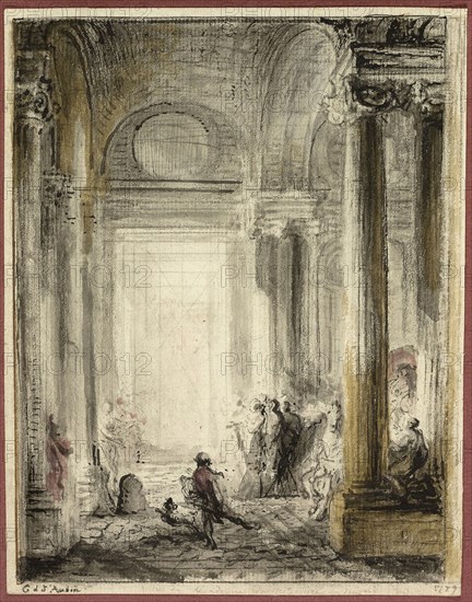 The Entrance of the Academy of Architecture at the Louvre, 1779, Gabriel Jacques de Saint-Aubin, French, 1724-1780, France, Brush and black ink and gray and colored wash, with black chalk and touches of pen and black ink, on off-white laid paper, 173 × 137 mm