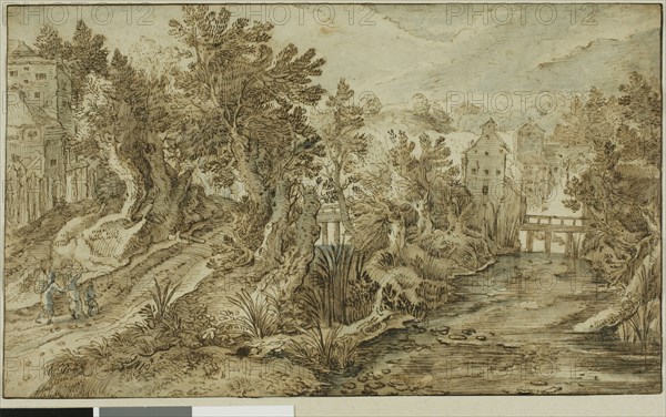 Village Scene with River and Wooden Bridge, 1595–1600, Peeter Stevens, II, Flemish, 1567-after 1624, Flanders, Pen and brown ink and brush and brown and blue washes on cream laid paper, 171 × 285 mm