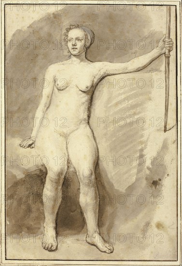 Seated Female Nude, 1647/78, Samuel van Hoogstraten, Dutch, 1627-1678, Holland, Pen and brown ink and brush and brown wash, with traces of black chalk and opaque white watercolor, on cream laid paper, laid down on cream laid paper, 284 x 192 mm (primary support)