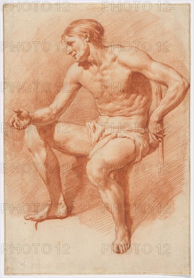 Study of a Male Nude, n.d., Adriaen van de Velde, Dutch, 1636-1672, Holland, Red chalk, over traces of charcoal, ruled in pen and brown at edges, on cream laid paper, 340 x 236 mm