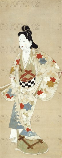 Standing Beauty, 1661/73, Japanese, Japan, Hanging scroll, ink, color, and gold on paper, 66.0 x 27.0 cm (26 x 10 5/8 in.), including mount and knobs: 145.8 x 39.6 cm (57 7/16 x 15 5/8 in.)