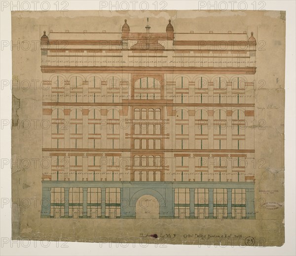 Rookery Building, Chicago, Illinois, LaSalle Street Elevation, 1885/87, Burnham & Root, American, 1873–1891, LaSalle Street, 209 South, Multicolored hectograph print on heavy paper, 62.9 × 73 cm (24 3/4 × 28 3/4 in.)