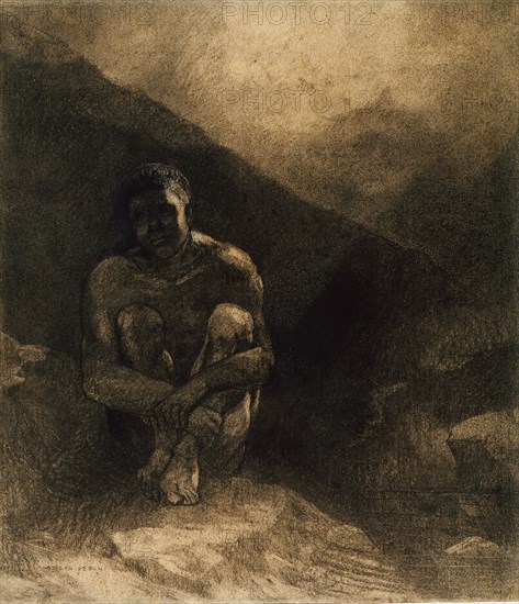 Primitive Man, 1872, Odilon Redon, French, 1840-1916, France, Various charcoals, with touches of black chalk, stumping, wiping and erasing, heightened with touches of white and ocher gouache, on cream wove paper altered to a pale, golden tone, 393 × 338 mm