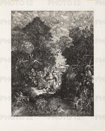 The Good Samaritan, 1861, Rodolphe Bresdin, French, 1825-1885, France, Lithograph on white China paper laid down on white wove paper, 564 × 443 mm (image), 690 × 554 mm (sheet)