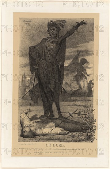 The Duel, 1851, Charles Rambert (French, c. 1836-1867, died before 1899), printed by Kaeppelin, France, Lithograph in black on tan wove paper, laid down on off-white wove paper, 387 × 246 mm (image), 449 × 269 mm (primary support), 514 × 335 mm (secondary support)