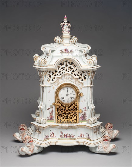 Clock, 1727/30, Meissen Porcelain Manufactory, German, founded 1710, Modeled by George Fritzsche (German, 1681-1709), Painted in the manner of Johann Gregor Höroldt (German, active 1720-56, 1763-65), Meissen, Hard-paste porcelain, polychrome enamels, and gilding, 20.8 × 43.8 × 20.3 cm (8 3/16 × 17 1/4 × 8 in.)