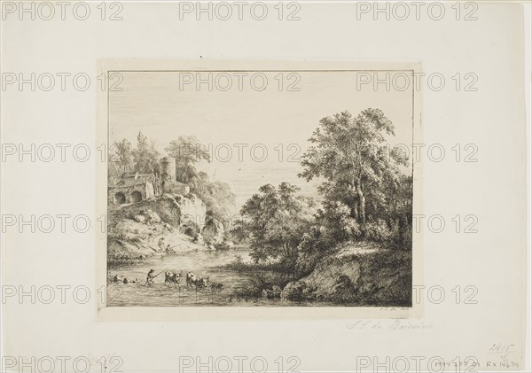 The Little Ford, 1803, Jean Jacques de Boissieu, French, 1736-1810, France, Etching on pale pink paper laid down on ivory wove paper (China paper collé), 146 × 188 mm (image), 226 × 320 mm (sheet)