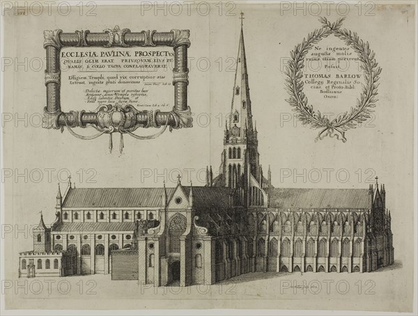 Saint Paul’s from the South Showing the Spire, 1657, Wenceslaus Hollar, Czech, 1607-1677, Bohemia, Etching in black on ivory laid paper, 178 × 374 mm