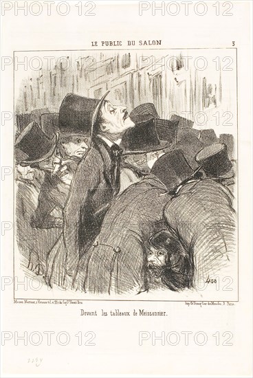 In front of Meissonnier’s paintings, plate 3 from Le Public Du Salon, 1852, Honoré Victorin Daumier, French, 1808-1879, France, Lithograph in black on white wove paper, with letterpress on recto and verso, 249 × 222 mm (image), 365 × 248 mm (sheet)