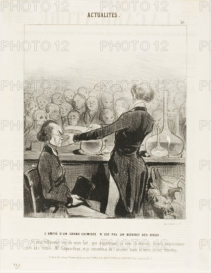 Friendship With a Great Chemist is Not Always a Godsend… I am so sure of my findings that I will now poison my best friend, Mr. Coquardeau, and I will retrieve arsenic in his eyeglasses, plate 39 from Émotions Parisiennes, 1841, Honoré Victorin Daumier, French, 1808-1879, France, Lithograph in black on white wove paper, with letterpress verso, 226 × 190 mm (image), 315 × 245 mm (sheet)