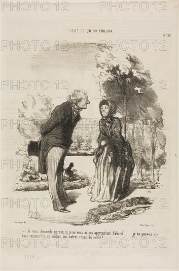 I am sorry that I did not recognize you right away. I could not distinguish you from all the other roses!, plate 55 from Tout Ce Qu’on Voudra, 1850, Honoré Victorin Daumier, French, 1808-1879, France, Lithograph in black on ivory wove paper, with letterpress verso, 255 × 217 mm (image), 367 × 244 mm (sheet)