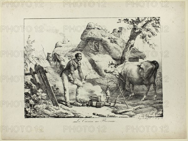 Bivouac Kitchen, n.d., Horace Vernet (French, 1789-1863), printed by Francois Seraphin Delpech (French, 1778-1825), France, Lithograph in black on ivory wove paper, 189 × 262 mm (image), 261 × 348 mm (sheet)